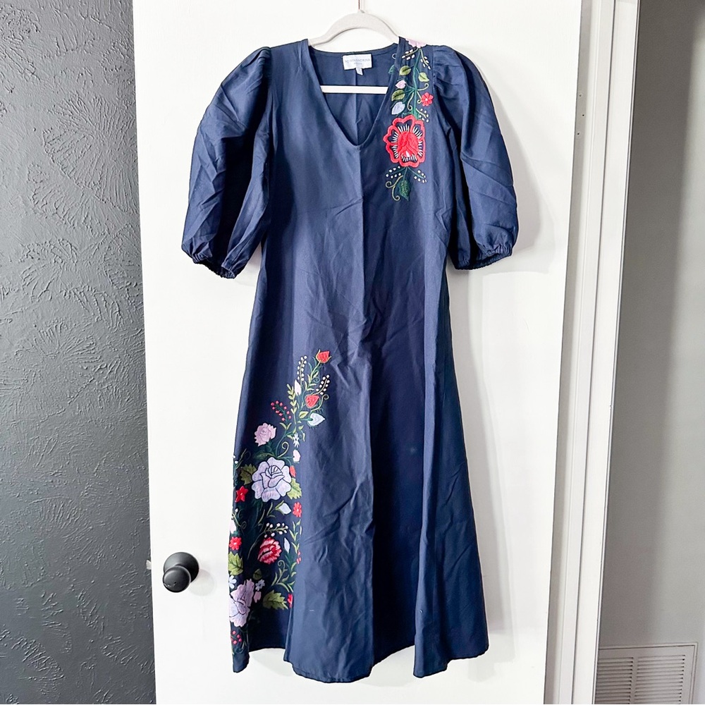 Mi Golondrina Esperanza Midi Dress Floral Embroidered Blue Size Small